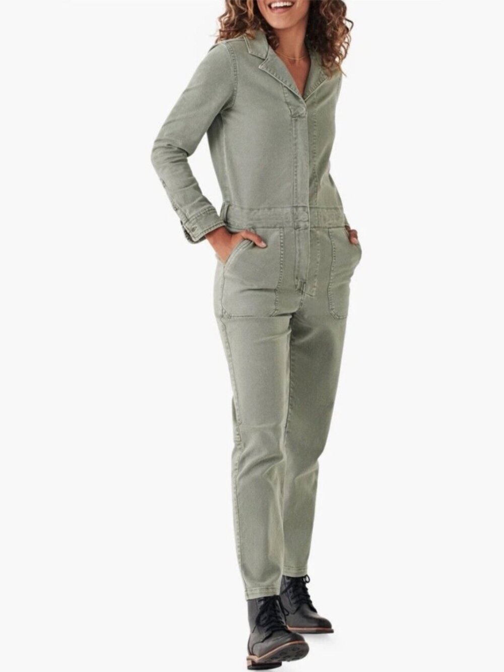 Faherty Overland Twill Long Sleeve Cotton Utility Slim Jumpsuit Pockets, Small